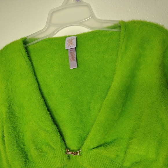 Savage X Fenty Fuzzy Neon Green Cropped Cardigan Metalic Logo Sz M - Picture 7 of 9